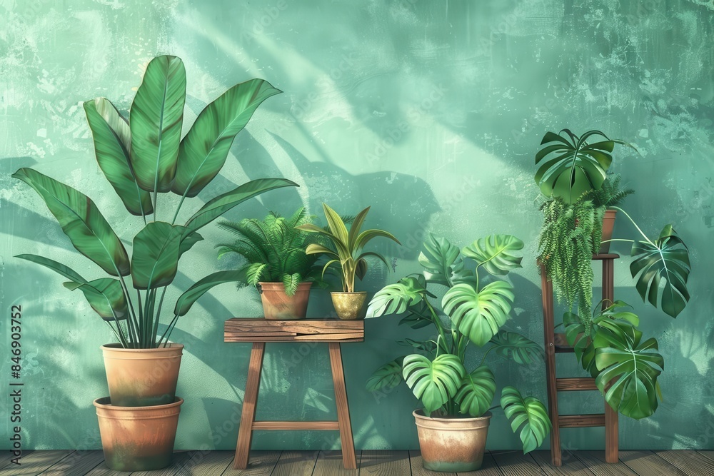 enchanting indoor plant oasis lush potted greens on rustic wooden stools vibrant home decor digital illustration enchanting indoor plant oasis lush potted greens on rustic wooden stools vibrant home decor digital illustration