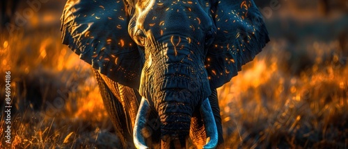 The ancient majesty of an elephant, its tusks aglow with intricate patterns of enchanted light. photo