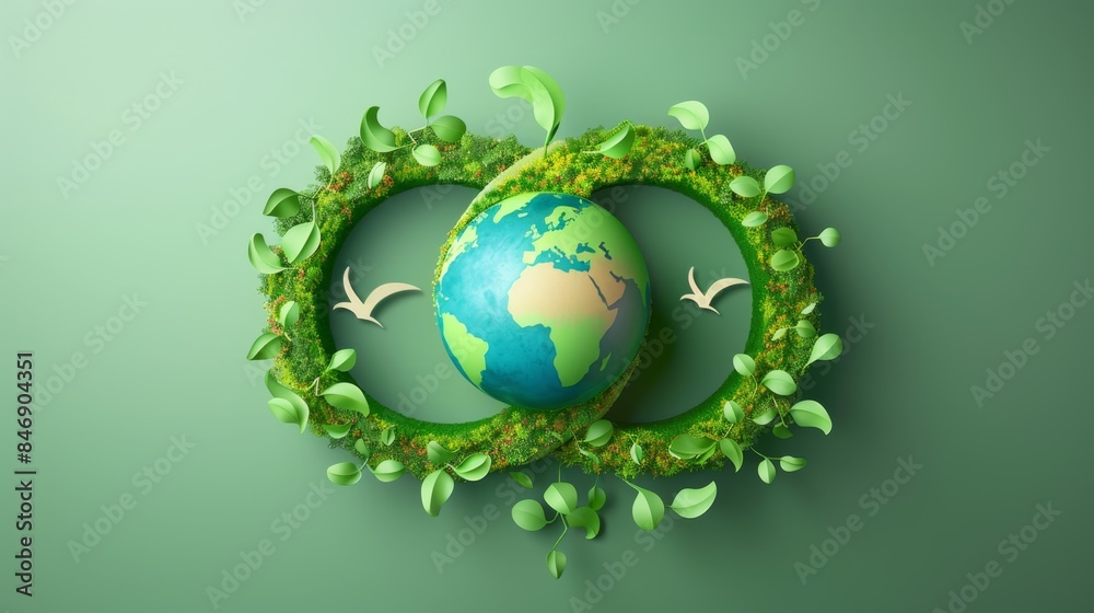 Eco-friendly recycling symbol made of leaves surrounding Earth, representing sustainability, green living, and environmental conservation. Eco-friendly recycling symbol made of leaves surrounding Earth, representing sustainability, green living, and environmental conservation.