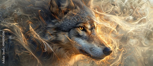 The fierce gaze of a wolf, surrounded by swirling lines of enchanting light.