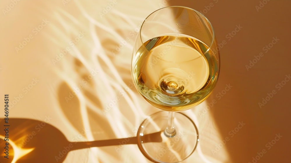 Top view of wineglass with white wine beautiful shadows and reflections at sunlight summer alcohol drink background creative aesthetic still life photo copyspace beige peach trend colo : Generative AI Top view of wineglass with white wine beautiful shadows and reflections at sunlight summer alcohol drink background creative aesthetic still life photo copyspace beige peach trend colo : Generative AI