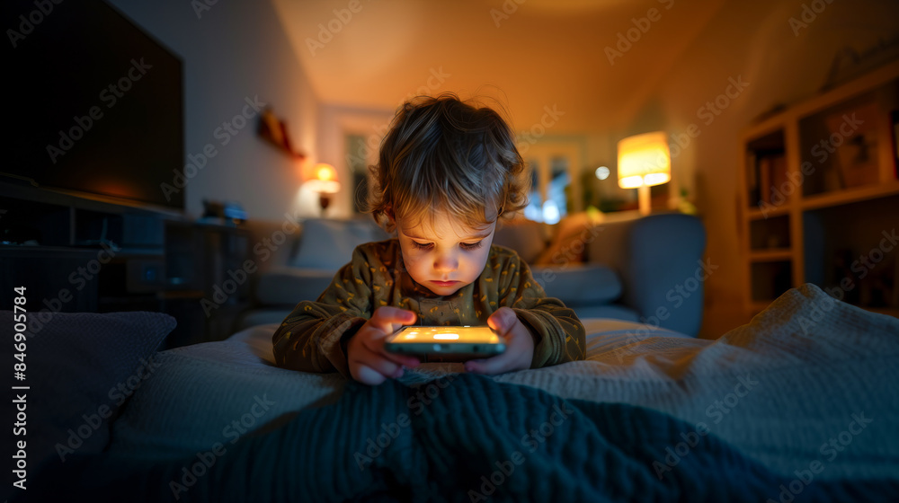 A young child is lying on the floor, completely engrossed in a smartphone. The room is dimly lit with a cozy and warm atmosphere. A young child is lying on the floor, completely engrossed in a smartphone. The room is dimly lit with a cozy and warm atmosphere.