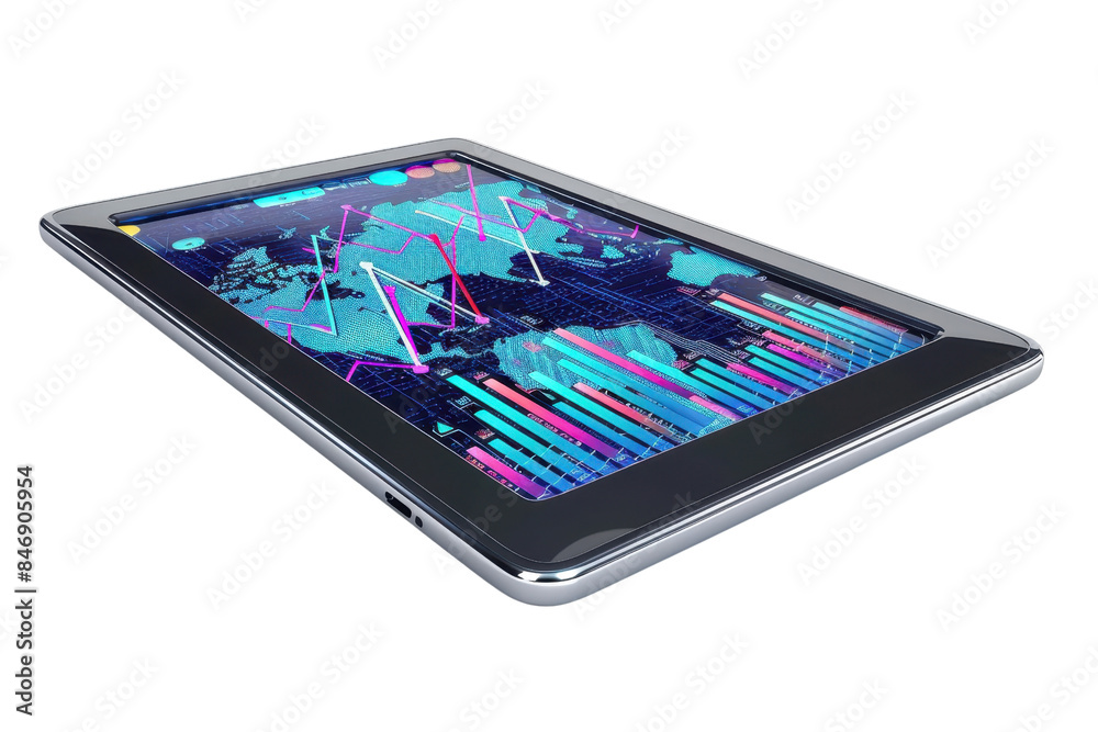 A modern tablet displaying financial graphs and data analytics, representing technology and business intelligence in a sleek design.
