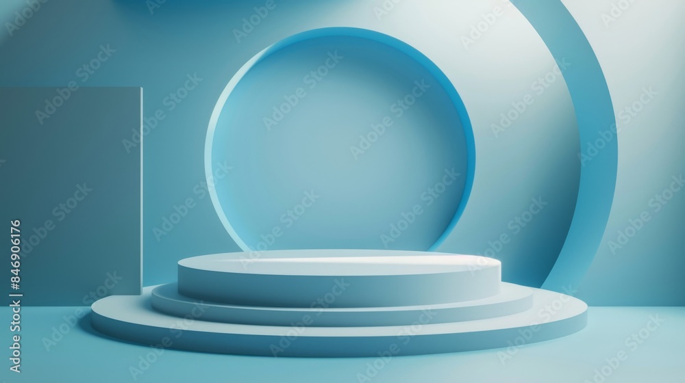 Modern minimalist blue podium with abstract geometric shapes, perfect for product display or background in photography and design. Modern minimalist blue podium with abstract geometric shapes, perfect for product display or background in photography and design.