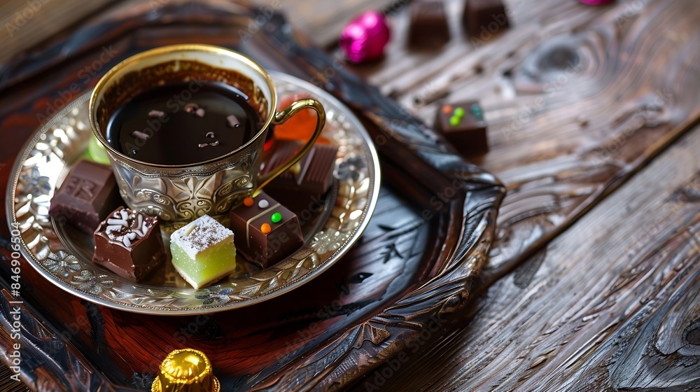 Turkish Coffee in the Colorful Eid Candy and Chocolate Traditional Ottoman Desserts Turkish Delight and Baklava Photo skdar Istanbul Turkiye Turkey : Generative AI
