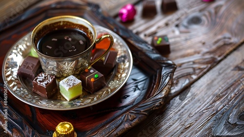 Turkish Coffee in the Colorful Eid Candy and Chocolate Traditional Ottoman Desserts Turkish Delight and Baklava Photo skdar Istanbul Turkiye Turkey : Generative AI photo