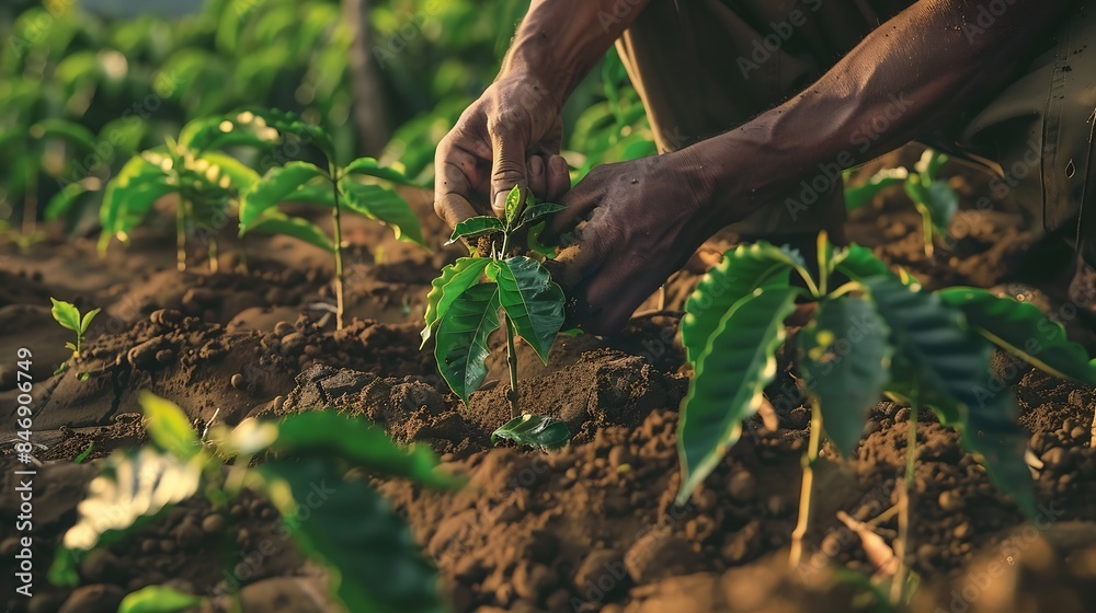 Man planting coffee seedlings in a coffee plantation surrounded by soil and natural : Generative AI Man planting coffee seedlings in a coffee plantation surrounded by soil and natural : Generative AI
