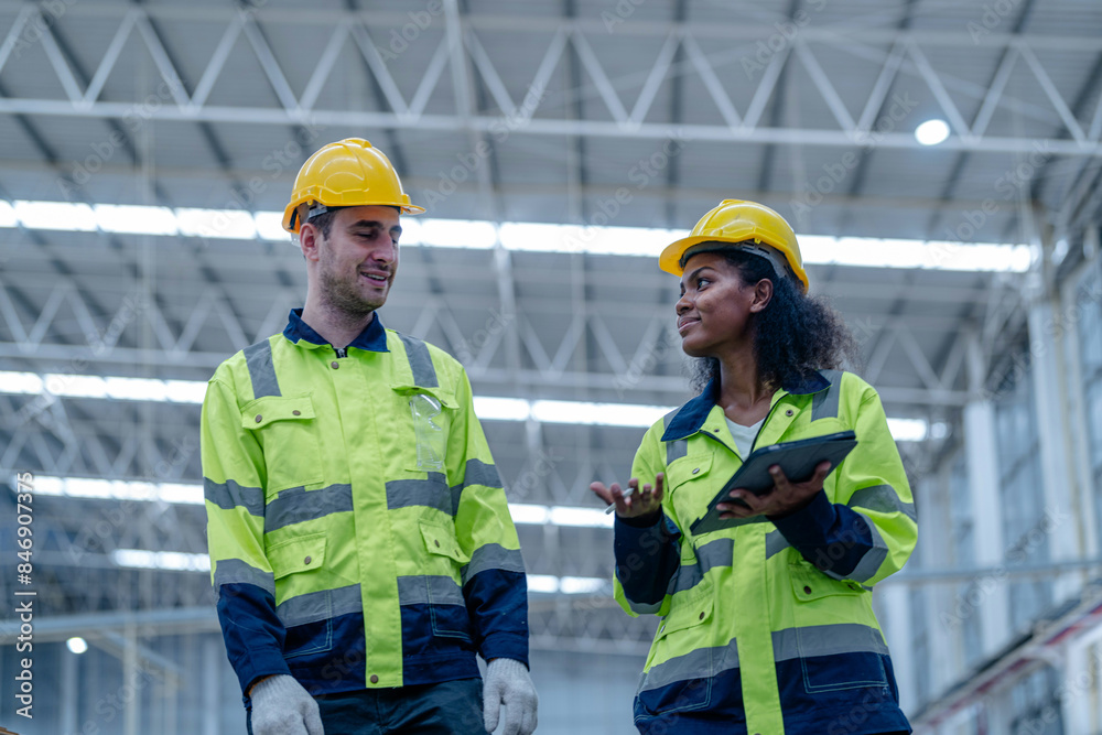 Male and female engineers in neat work clothes prepare and control the production system of large modern machines in a factory producing industrial technology products. Male and female engineers in neat work clothes prepare and control the production system of large modern machines in a factory producing industrial technology products.