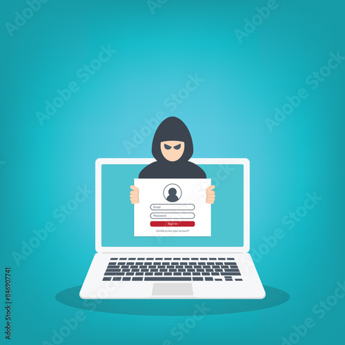 Hacker, cyber criminal looking for password trying to hack security. Credit card, bank account hacking. Vector illustration