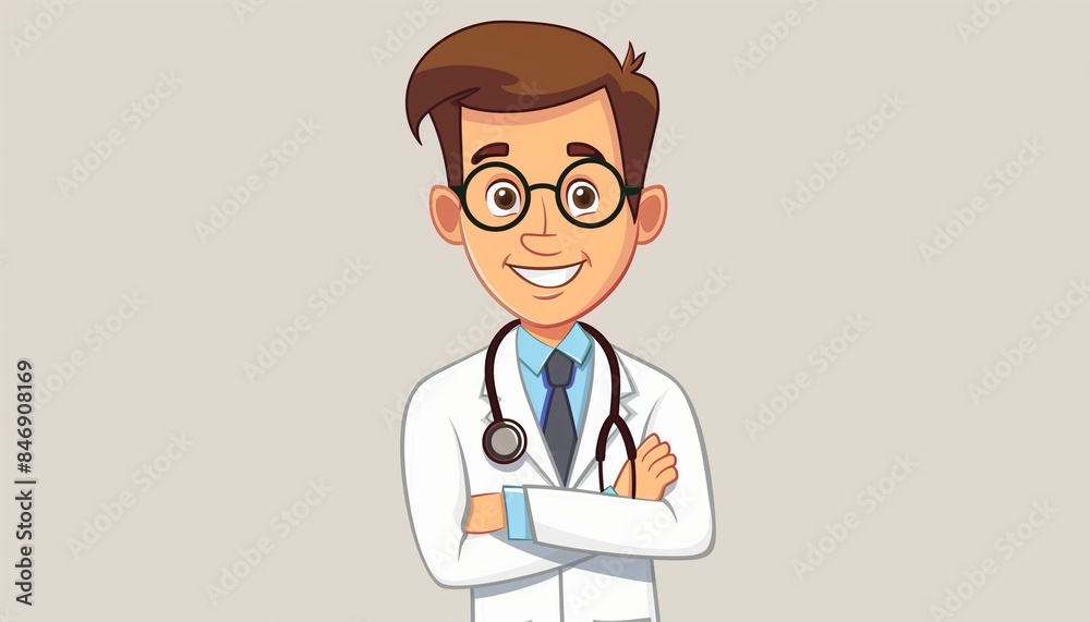 Fototapeta premium Cartoon Doctor with Stethoscope and Glasses Smiling
