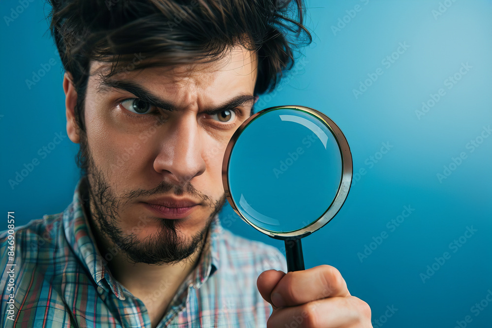 A man looking through a magnifying glass, highlights curiosity and discovery, with copy space A man looking through a magnifying glass, highlights curiosity and discovery, with copy space