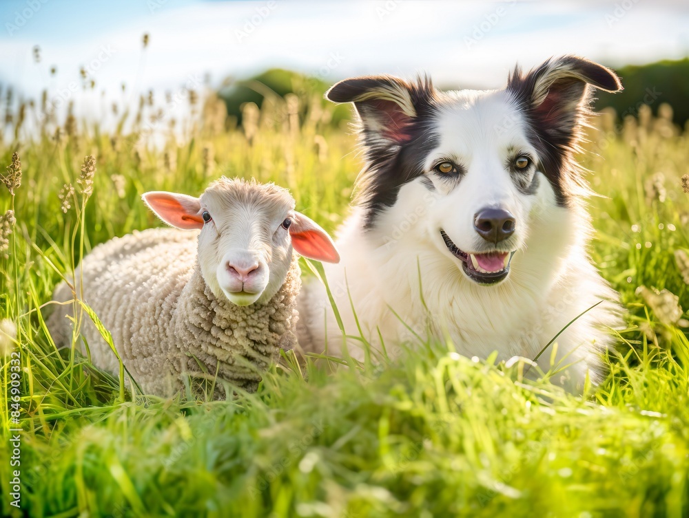 Shepherd Dog and Sheep Resting Together in Meadow Shepherd Dog and Sheep Resting Together in Meadow