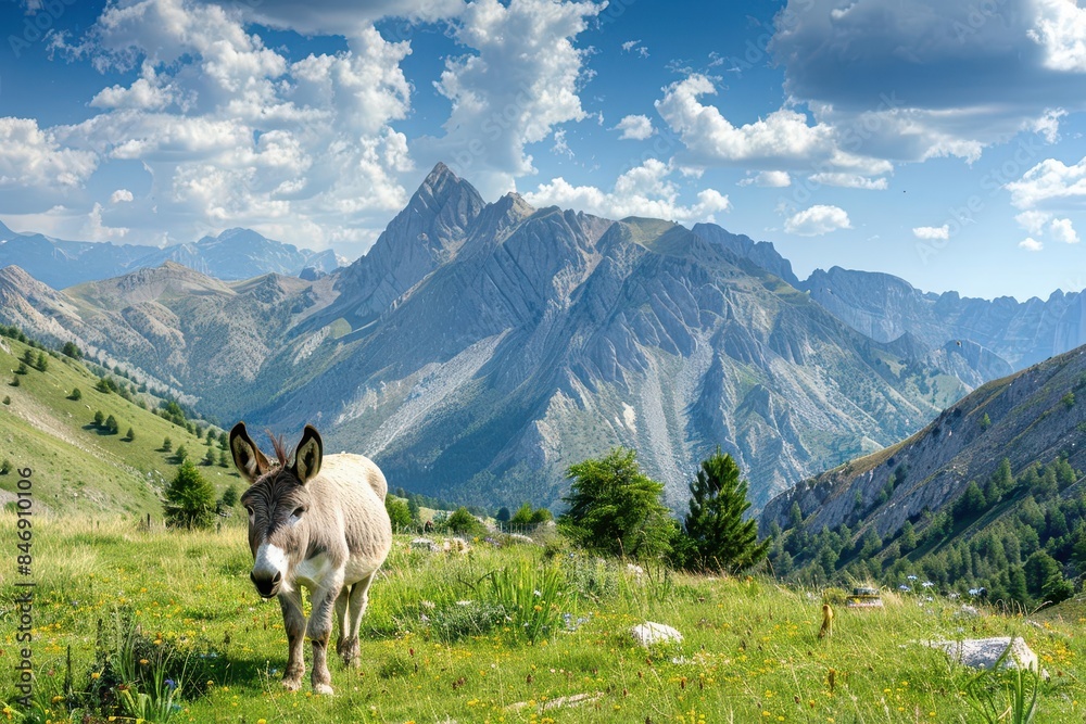 Fototapeta premium friendly donkey in picturesque french alps landscape blanc mont mountains cute wildlife animal