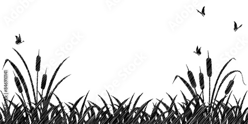 Wetland landscape silhouette. Cattail with grass and butterflies in grunge style
