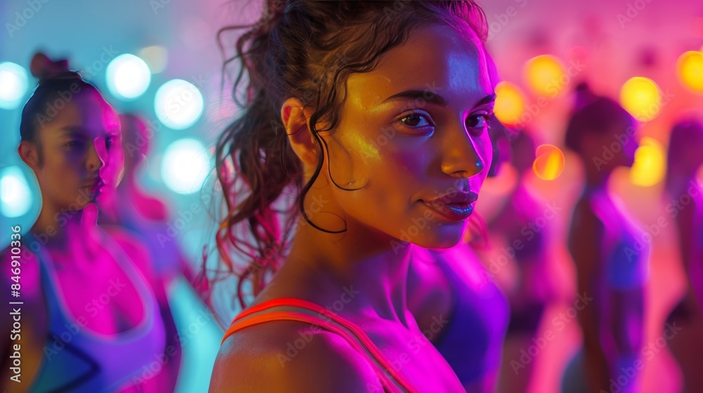 Vibrant Neon Dance Class: Energizing Group Fitness Workout in Colorful Lights Vibrant Neon Dance Class: Energizing Group Fitness Workout in Colorful Lights