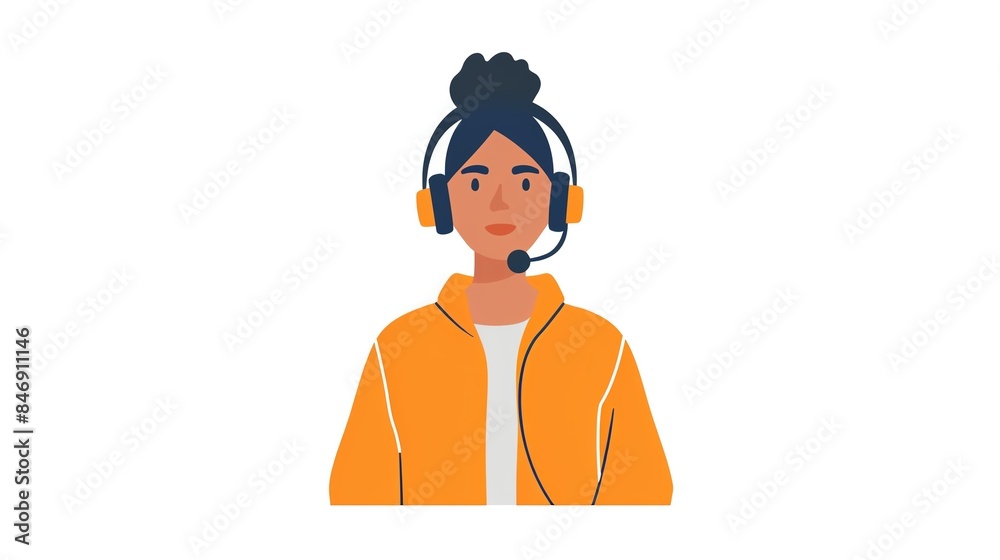 A female customer service representative wearing headphones and a microphone.
