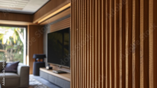 A luxurious media room enhanced by elegant wooden slats, blending technology with sophisticated interior design.