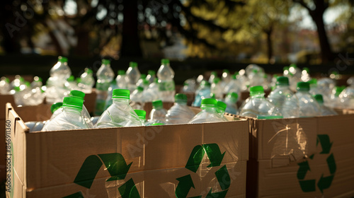 Cardboard boxes filled with empty plastic bottles for recycling outdoors.