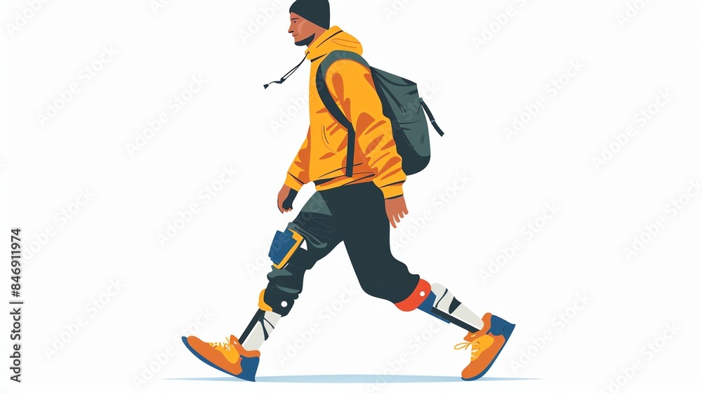 Man with prosthetic legs walking with a backpack. Man with prosthetic legs walking with a backpack.