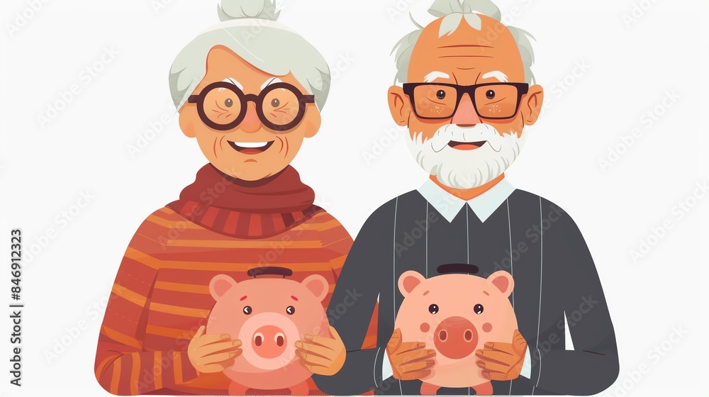 Smiling elderly couple holding piggy banks, representing savings and retirement. Smiling elderly couple holding piggy banks, representing savings and retirement.