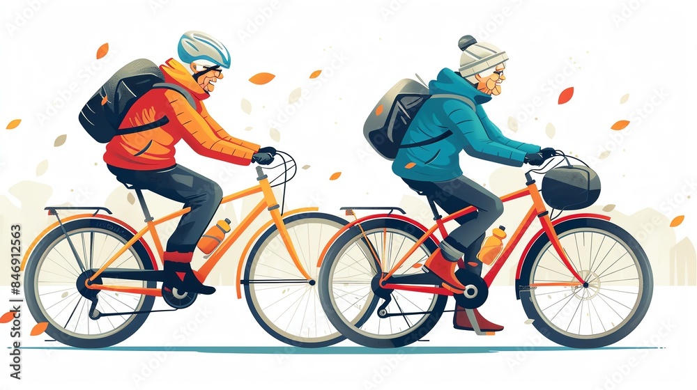 Fototapeta premium Two seniors riding bicycles on a fall day.