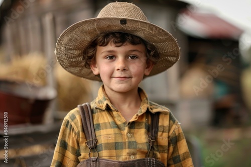 Portrait of a cheerful young boy with a straw hat, dressed in vintage clothing, outdoors