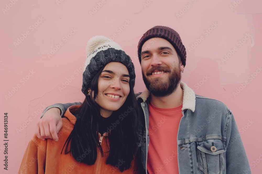 Portrait of a content couple in their 20s sporting a trendy beanie while standing against solid pastel color wall Portrait of a content couple in their 20s sporting a trendy beanie while standing against solid pastel color wall