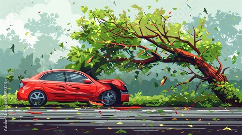 A red car damaged by a fallen tree. photo