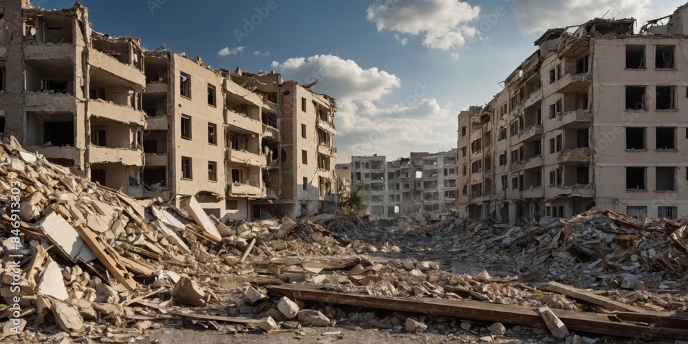 Fototapeta premium The photograph captures a devastating urban landscape with severely destroyed buildings and rubble