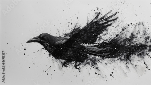 Abstract ink illustration of a raven black and white background	