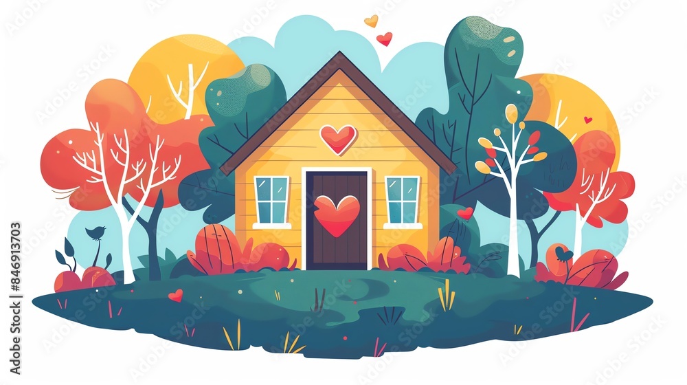 Cute cartoon illustration of a yellow house with red hearts in a forest. Cute cartoon illustration of a yellow house with red hearts in a forest.