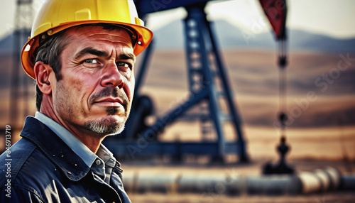 Oilman's Day. oil production. an oil worker. an oil well, an oilman on the background of an oil rig photo