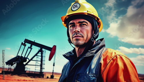 Oilman's Day. oil production. an oil worker. an oil well, an oilman on the background of an oil rig photo