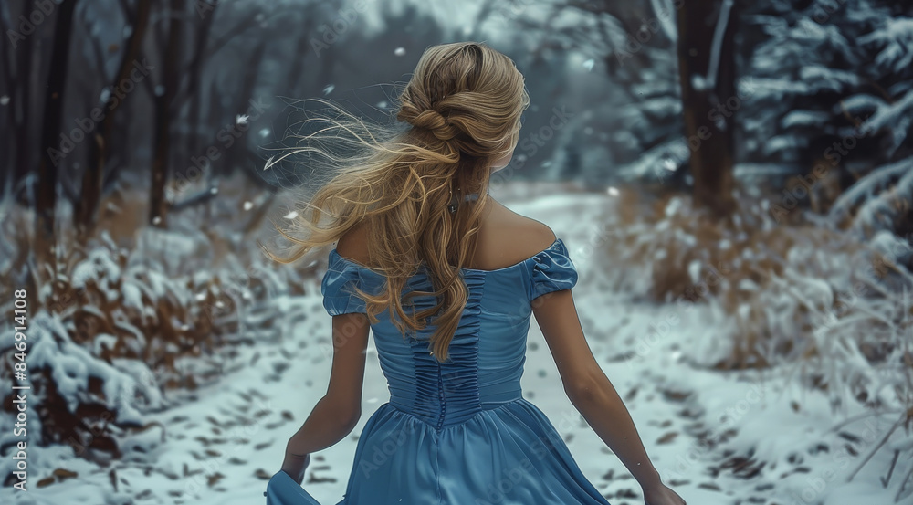 A blond girl with blue silky dress running through the snow woods in the distance. Beautiful scenery. Anatomically correct. Generative AI. A blond girl with blue silky dress running through the snow woods in the distance. Beautiful scenery. Anatomically correct. Generative AI.