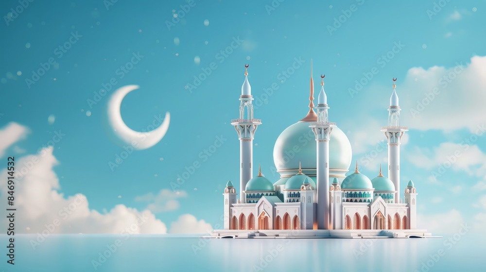 Obraz premium Beautiful 3D illustration of an Islamic mosque and a crescent moon. 