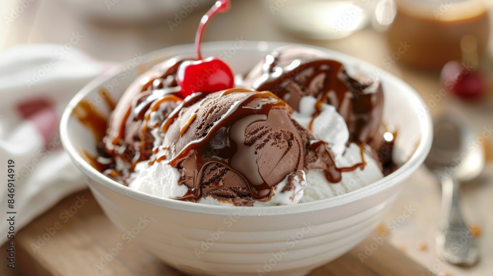 A bowl of rich chocolate ice cream topped with whipped cream A bowl of rich chocolate ice cream topped with whipped cream