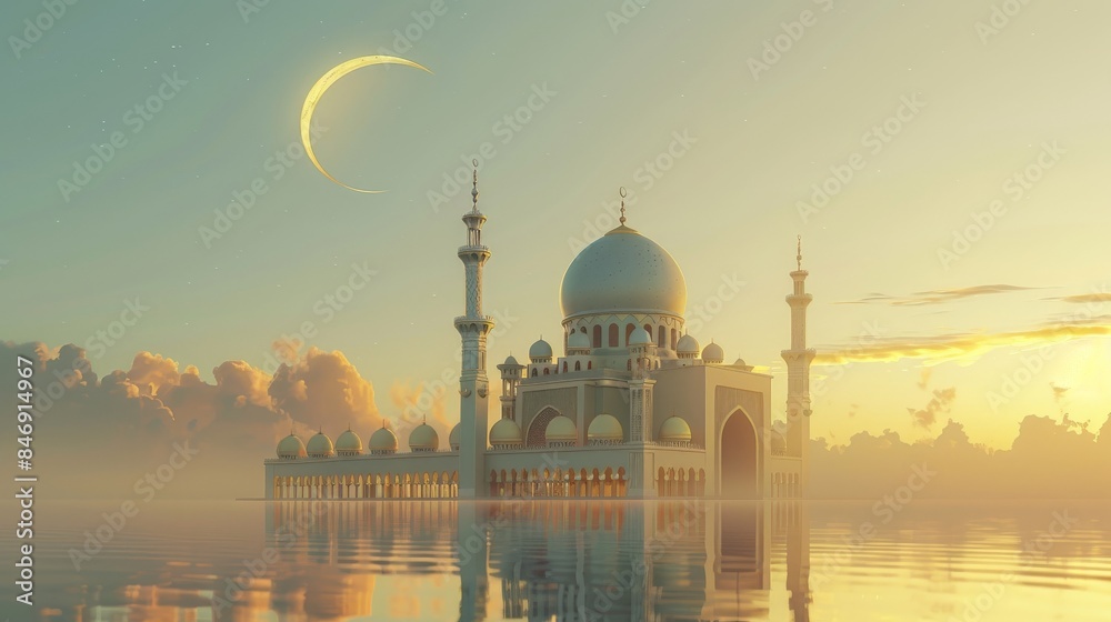 Beautiful 3D illustration of an Islamic mosque and a crescent moon.
