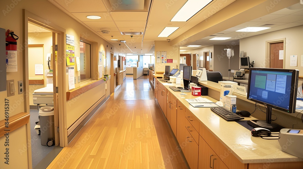 Hospital Efficiency A well-organized nurse's station with nurses efficiently managing patient information and tasks, emphasizing hospital efficiency Hospital Efficiency A well-organized nurse's station with nurses efficiently managing patient information and tasks, emphasizing hospital efficiency