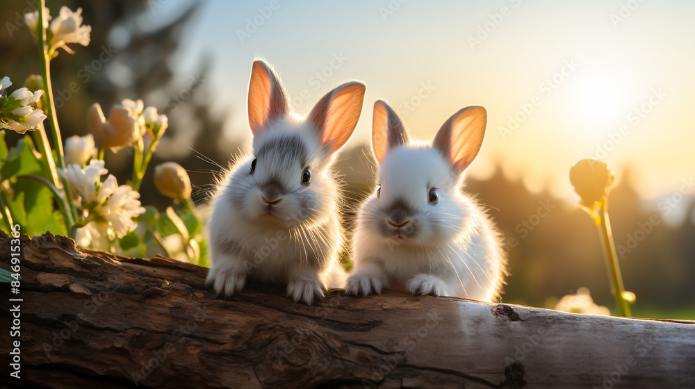 Obraz premium Two rabbits, cute, fluffy, nature background
