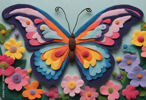 Felt art of a beautiful butterfly spreading its wings among the flowers.