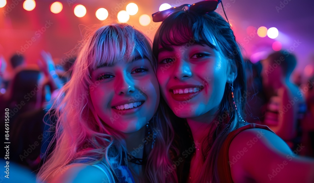 Two young women taking a selfie photo at a concert, a crowd of people in the background, stage lights and atmosphere Two young women taking a selfie photo at a concert, a crowd of people in the background, stage lights and atmosphere