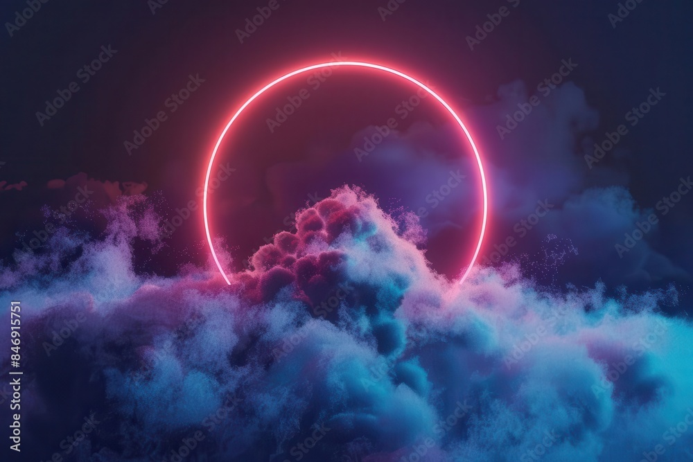 glowing neon light ring illuminating abstract cloud on dark night sky geometric 3d render