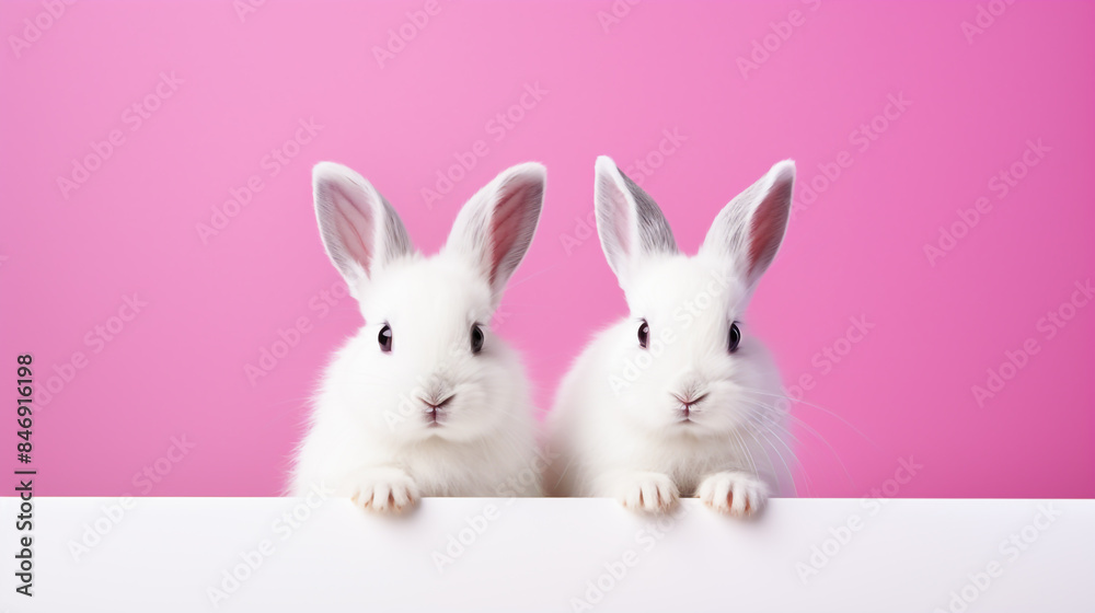Fototapeta premium Two cute white rabbits, fluffy fur, pink background.
