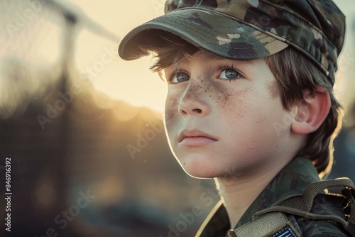 Closeup of a contemplative child with freckles wearing a militarystyle hat during golden hour photo