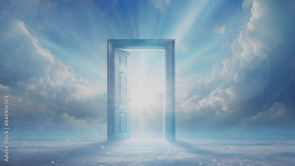 3d animation, blue door opens among the clouds in the sky. Way to eternity, religious heaven paradise metaphor, afterlife concept 3d animation, blue door opens among the clouds in the sky. Way to eternity, religious heaven paradise metaphor, afterlife concept