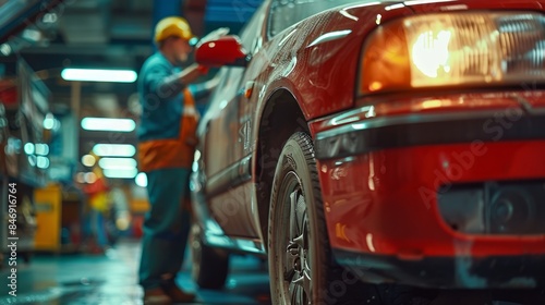 Mechanic Inspecting Red Car in Auto Workshop with Industrial Lighting