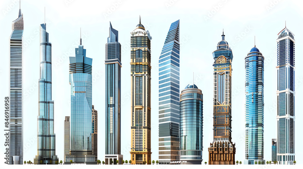 Naklejka premium A panoramic view of modern and iconic skyscrapers with unique architectural designs set against a clear sky background.