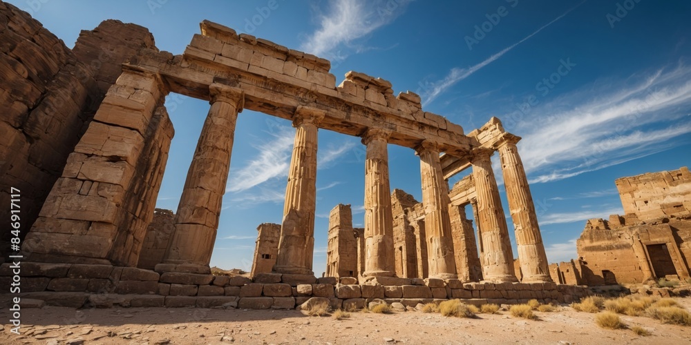 Obraz premium Majestic ancient ruins under a vast blue sky, conveying history, archaeology, and the grandeur of past civilizations