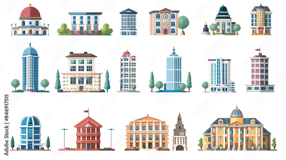 Collection of various stylized building illustrations, including skyscrapers, townhouses, and historical architecture. Collection of various stylized building illustrations, including skyscrapers, townhouses, and historical architecture.