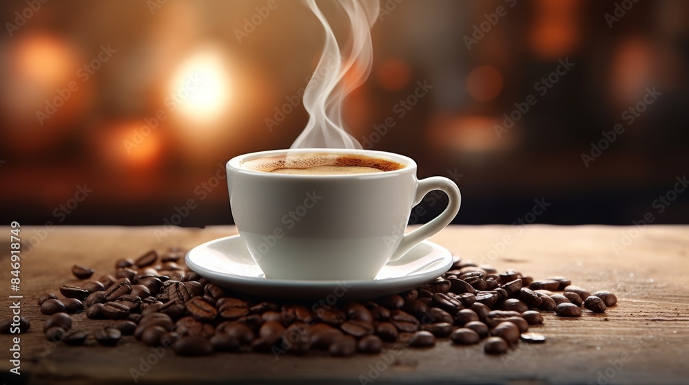 Close-up Espresso Coffee Cup With Beans On Vintage Table, Steam rising from the cup Close-up Espresso Coffee Cup With Beans On Vintage Table, Steam rising from the cup